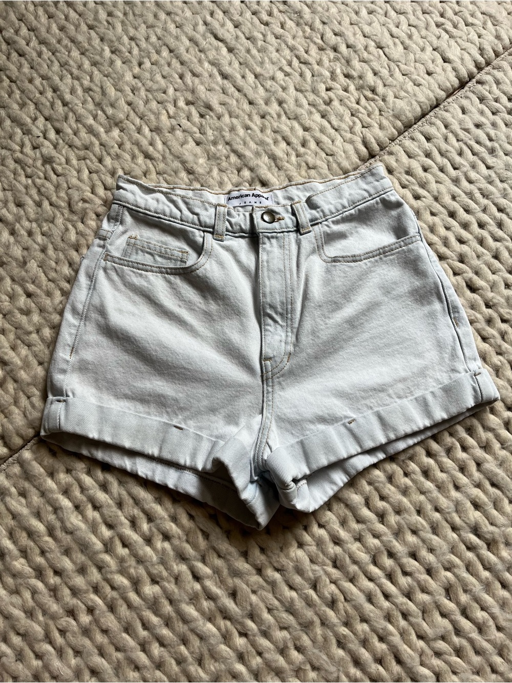 American Apparel Light Wash Indigo High-Rise Cuffed Denim Shorts | size 28